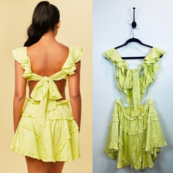 NWT Edite Mode Elegant Summer Yellow V-Neck Ruffle Cut-Out Dress Yellow Large - Picture 2 of 12